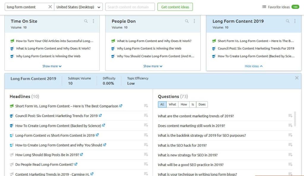 Topic Research from SEMrush on long form content