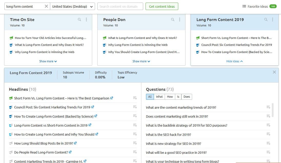 Topic Research from SEMrush on long form content