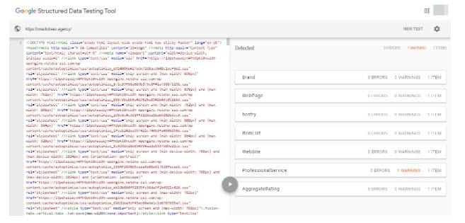 results from Google structured data testing tool