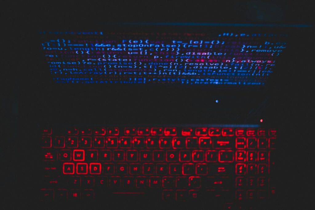Computer code with blue and red light