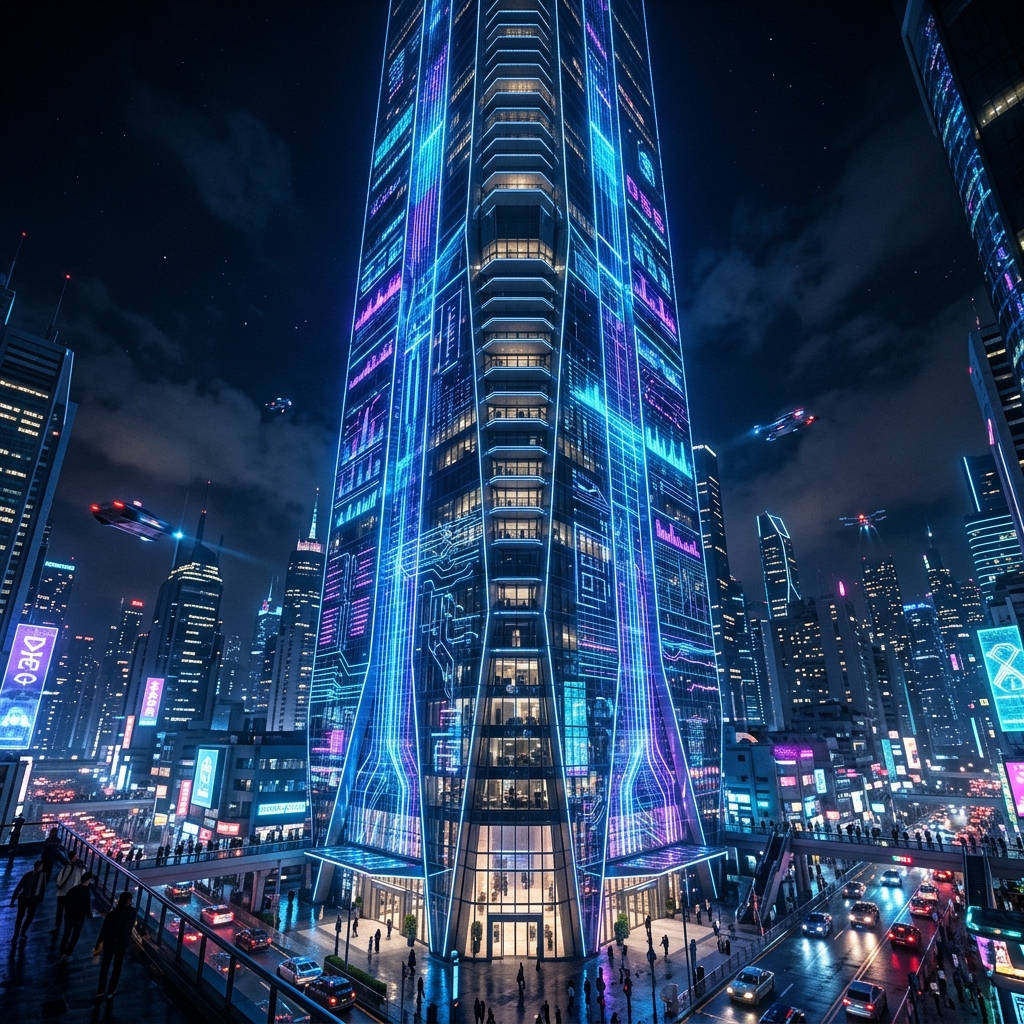 High-end luxury skyscraper overlaid with digital real estate SEO data and MLS mapping
